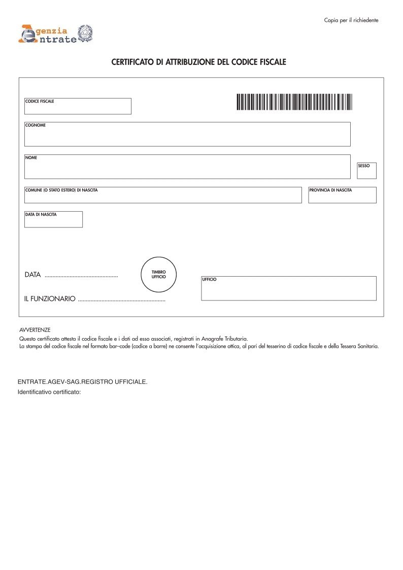 Fac-similé du reçu d'attribution du codice fiscale de l'Agenzia delle Entrate